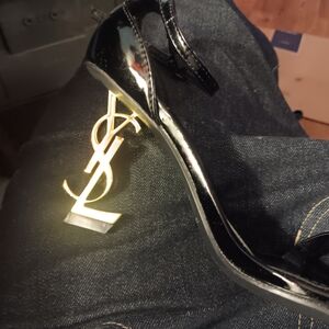 Yves Saint Laurent Glossy Black Heels with Gold Monogram